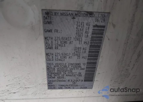 2019 Nissan Rogue S z USA, uszkodzony, nr VIN 5N1AT2MV0KC832979